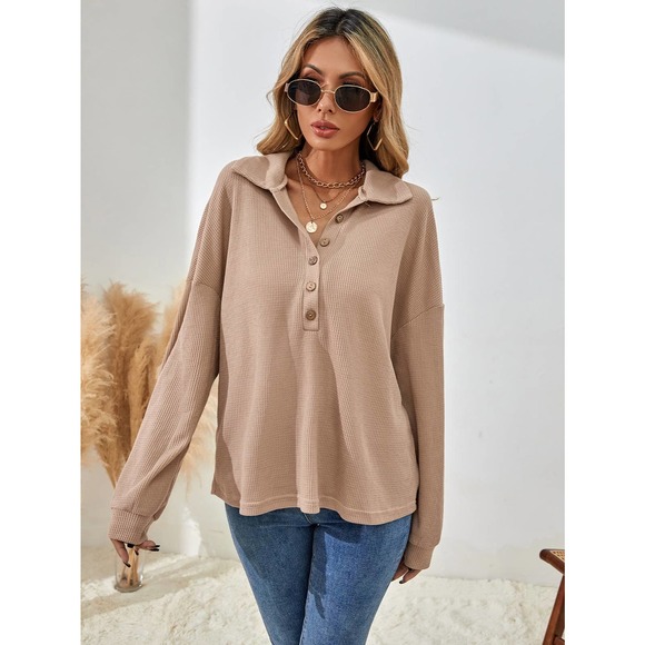 🌟 fold down collared Half Button henley long sleeve soft knit tee fall tan - Picture 6 of 8